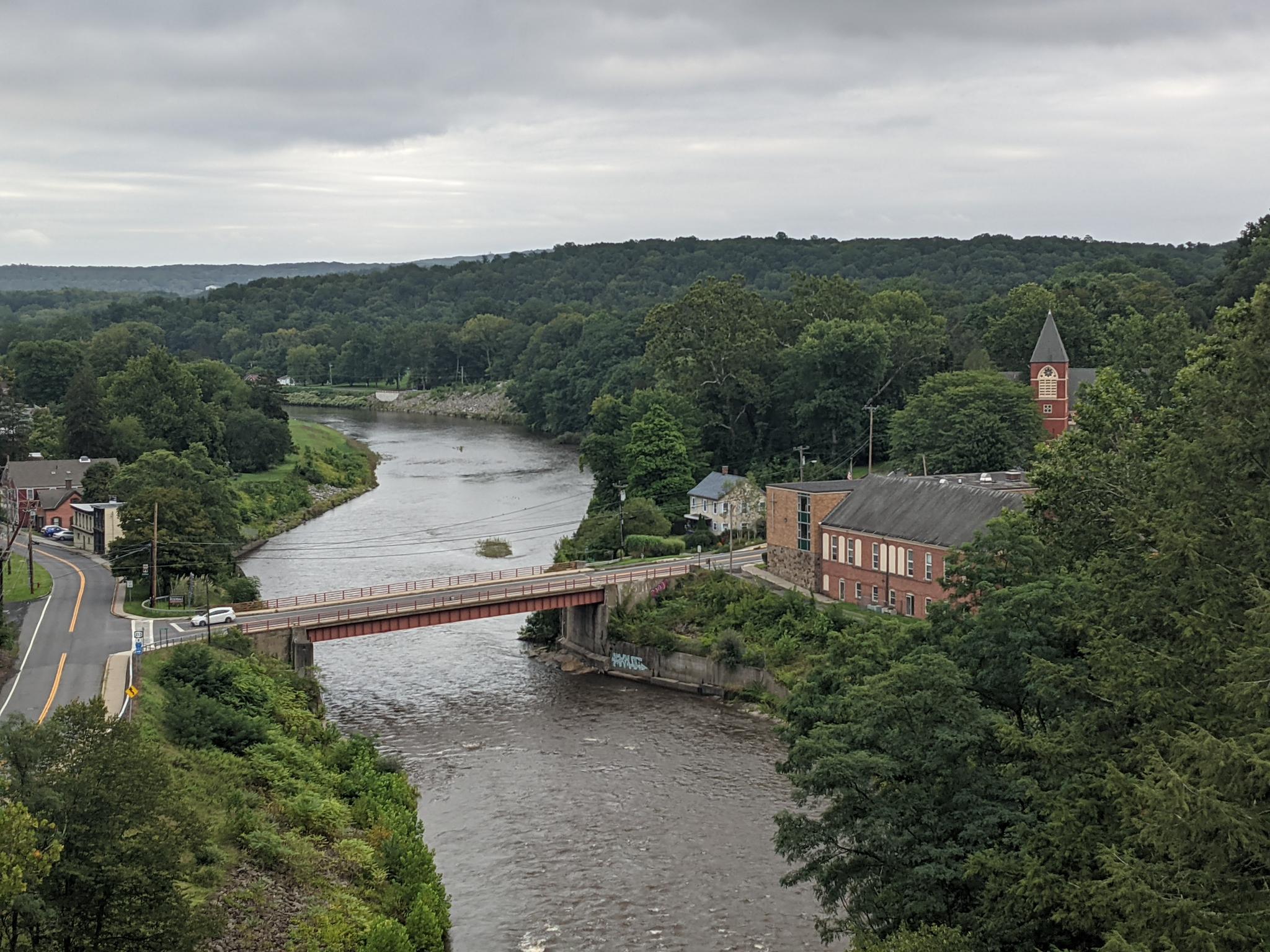 Overcast view of a river, bridge, and town nestled in green forests.