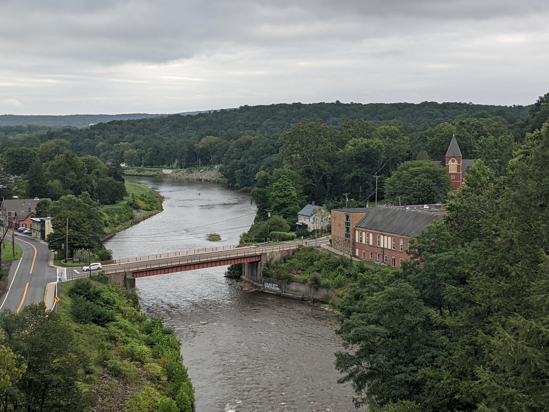 Overcast view of a river, bridge, and town nestled in green forests.