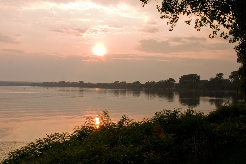 Warm sunset over a calm lake with trees silhouetted on the horizon. - Geneva Lakefront Trail