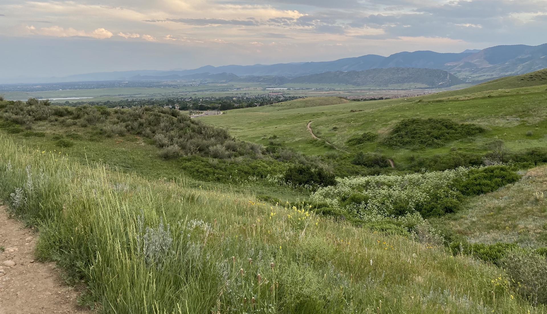 Lush green valley with rolling hills and distant mountains under a cloudy sky.
