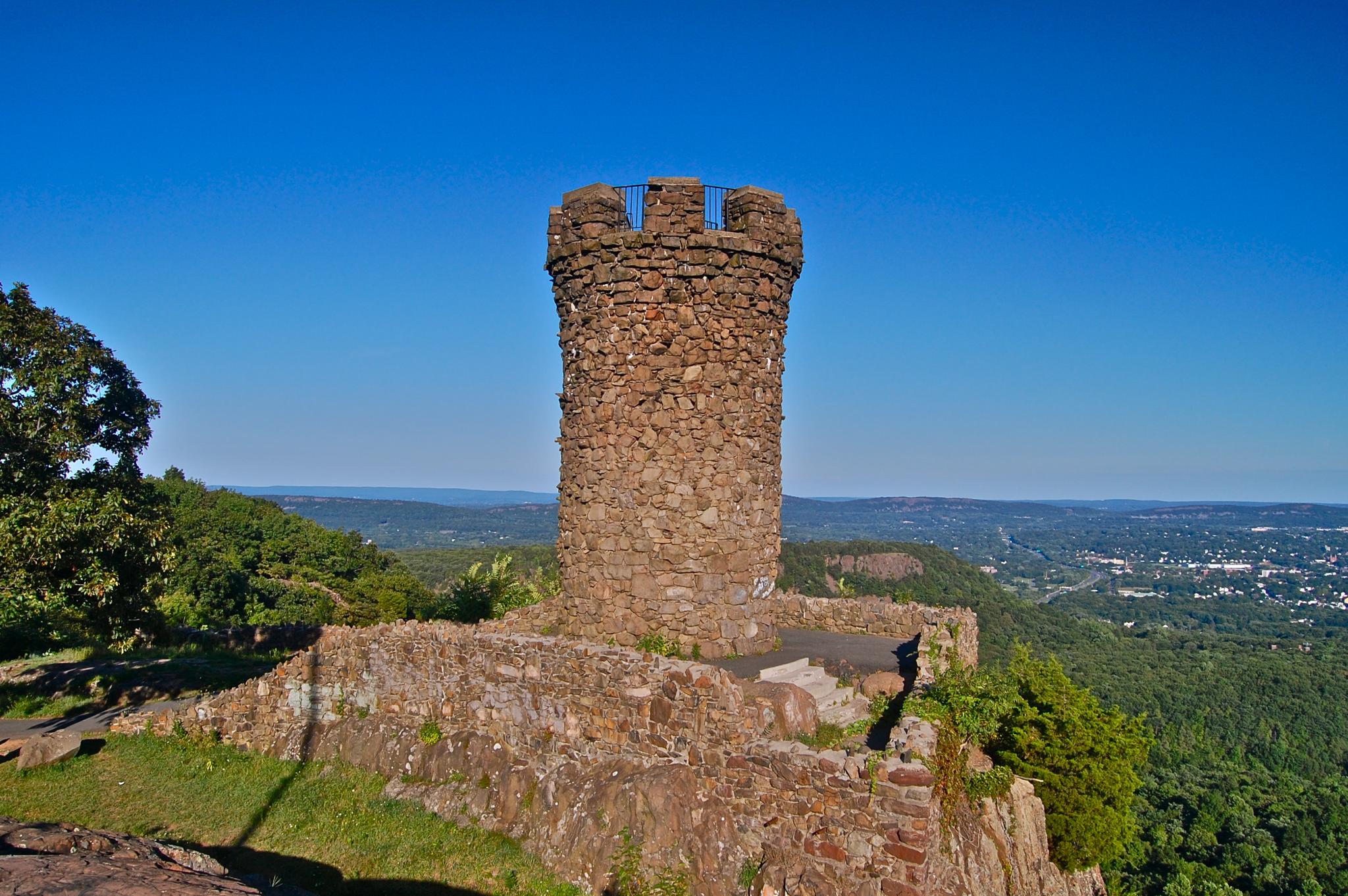 Stone tower on a hill overlooking a vast forested landscape under clear sky.