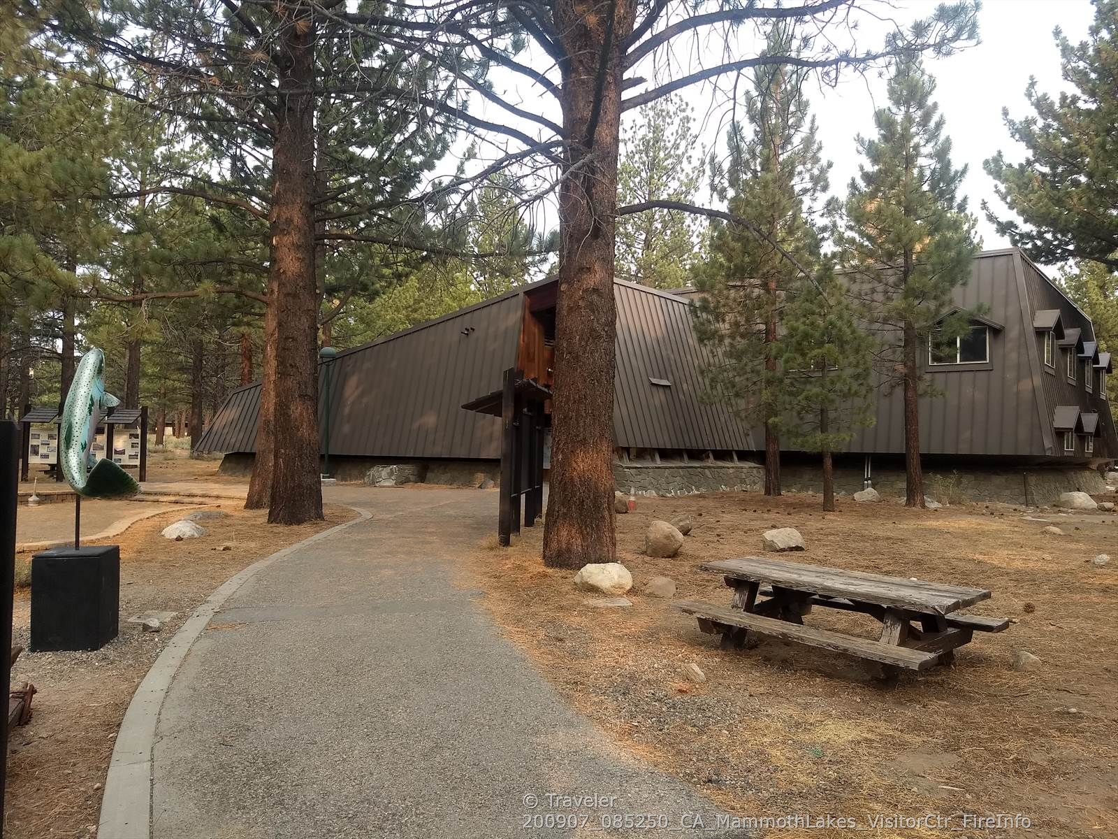 Modern building nestled among tall pine trees with a paved path and picnic table. - Mammoth Lakes Town loop