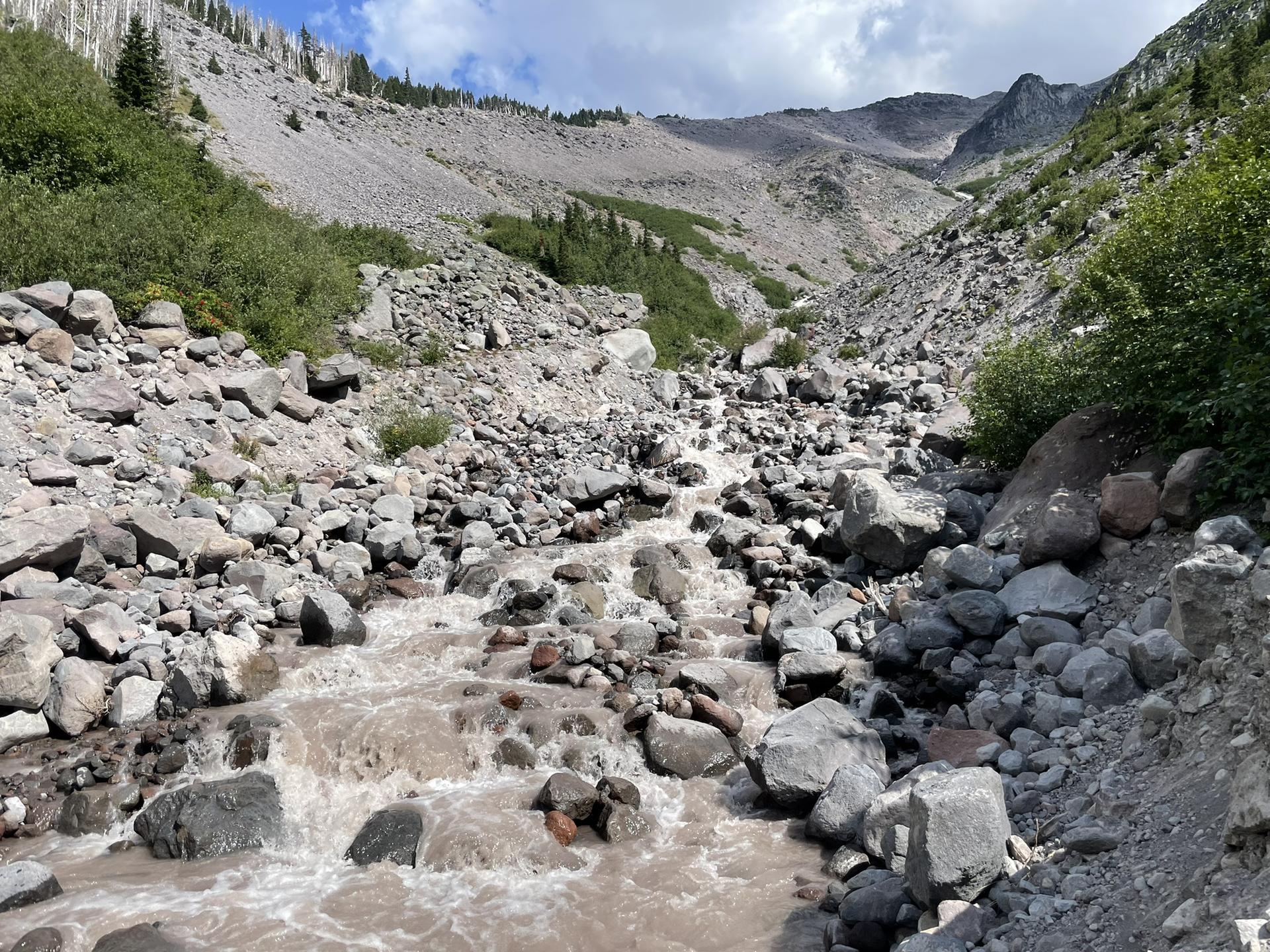 Rocky mountain stream flowing through a steep, barren valley under cloudy sky.