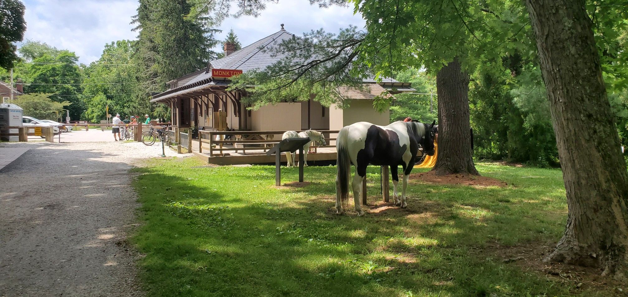 Two horse statues on green grass near a building on a sunny day. - Howard Tunnel – Monkton Train Station loop from Glencoe