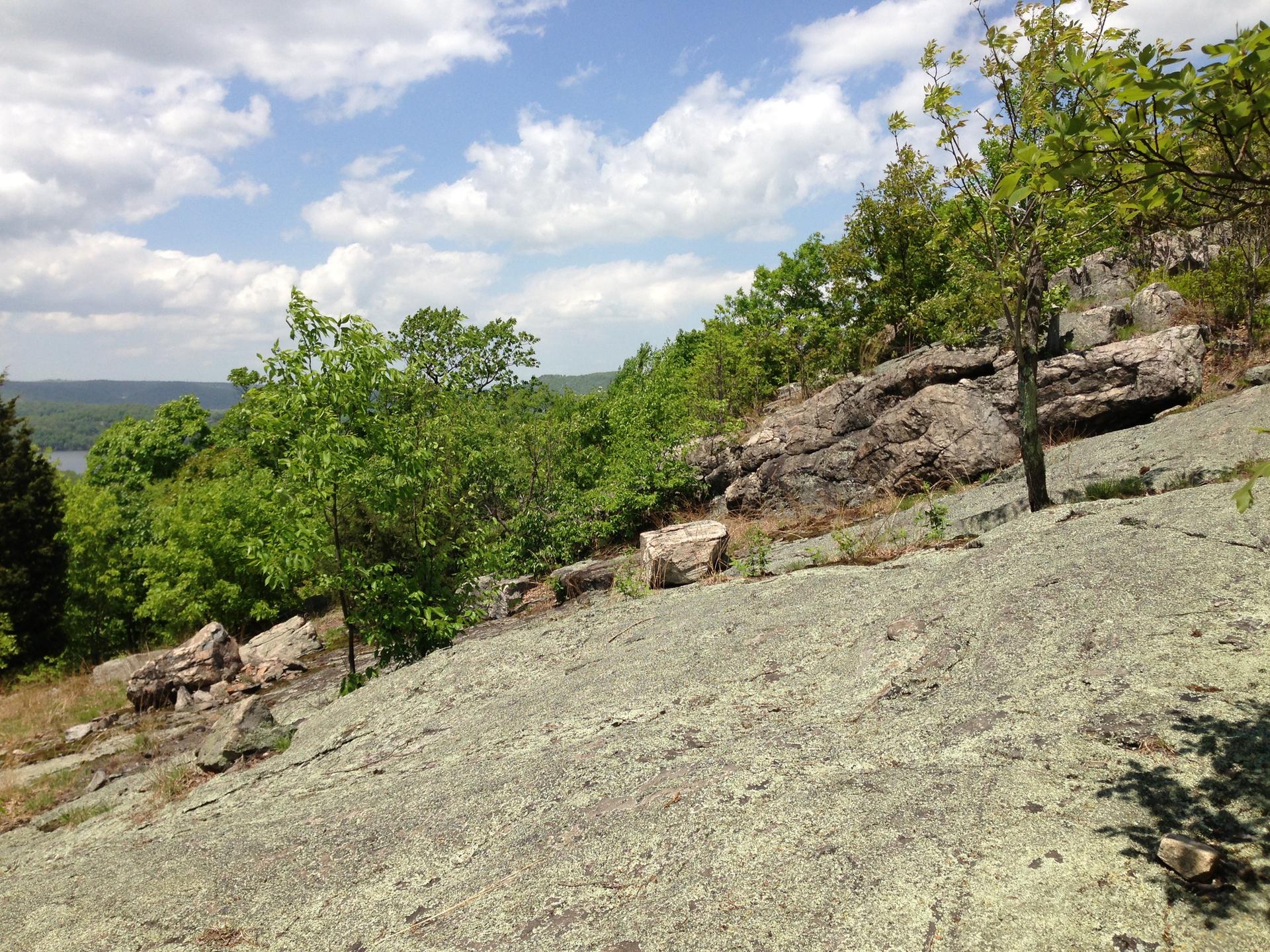 Sunny view of a rocky hillside with green trees and distant water under a cloudy sky.