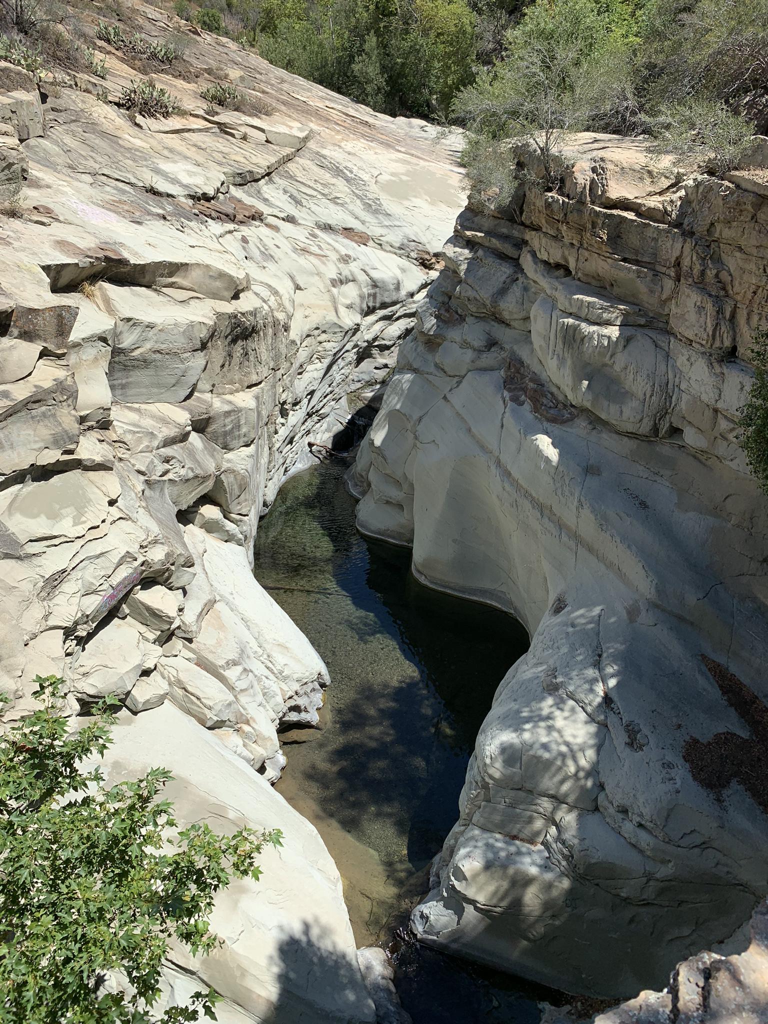 Narrow, winding canyon with smooth rock walls and a dark pool of water.