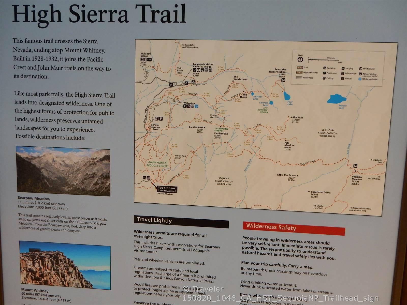 Informational sign with a trail map and text about wilderness safety.