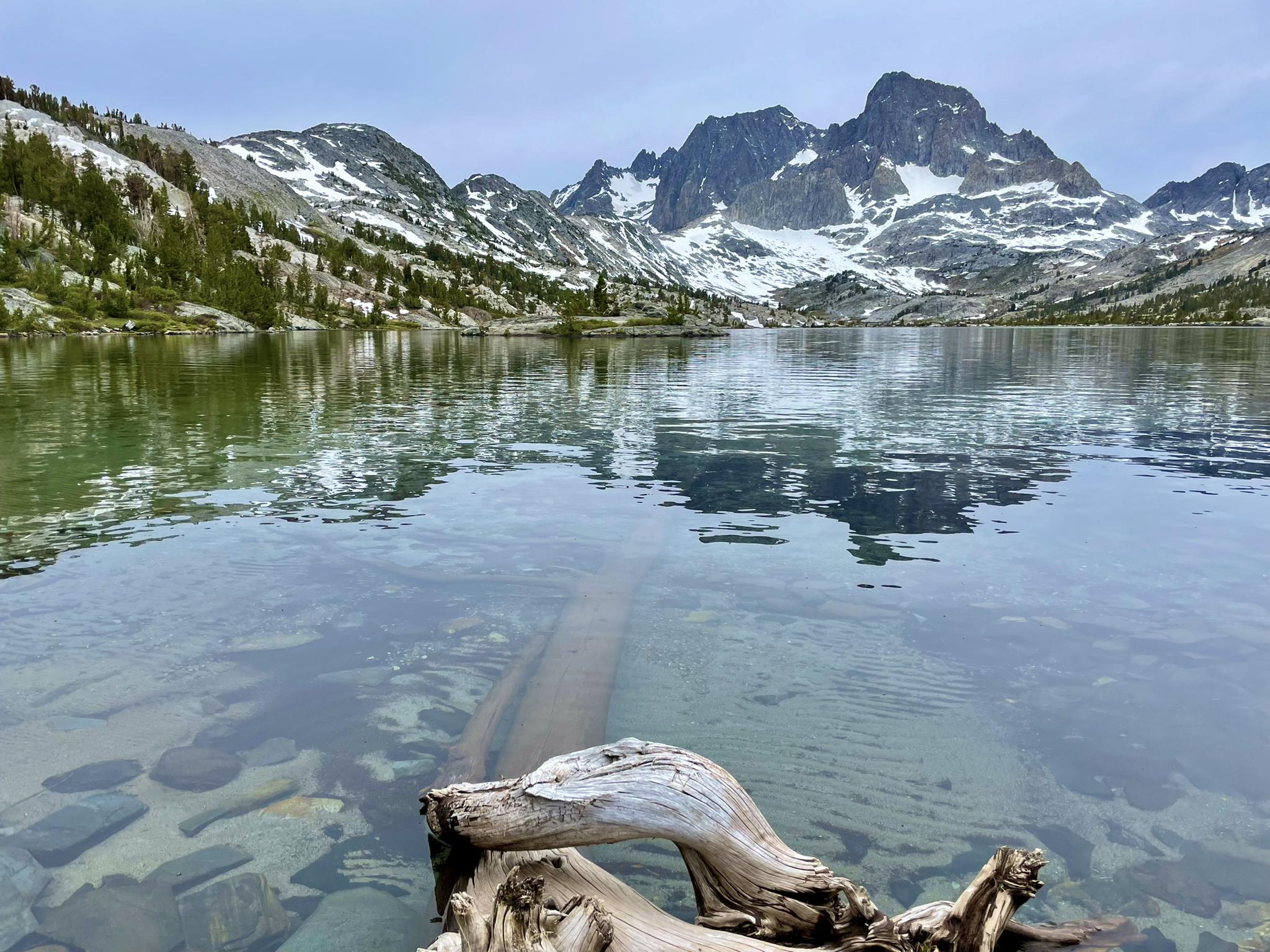 Clear alpine lake with submerged log, reflecting snow-capped mountains under overcast sky.