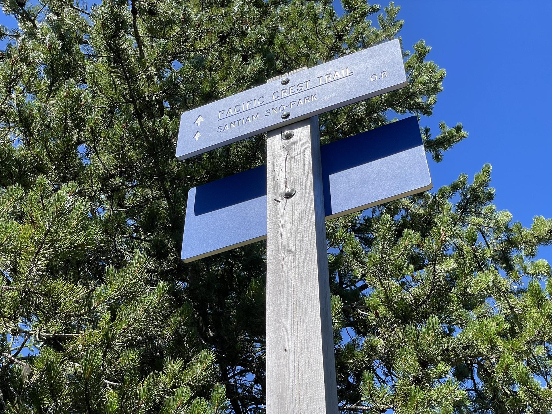 A wooden trail signpost with metal plaques against a blue sky and pine trees.