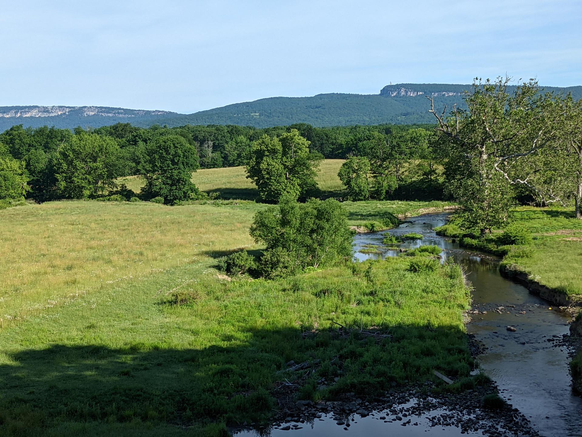 Sunny view of a narrow river flowing through green fields with distant mountains.
