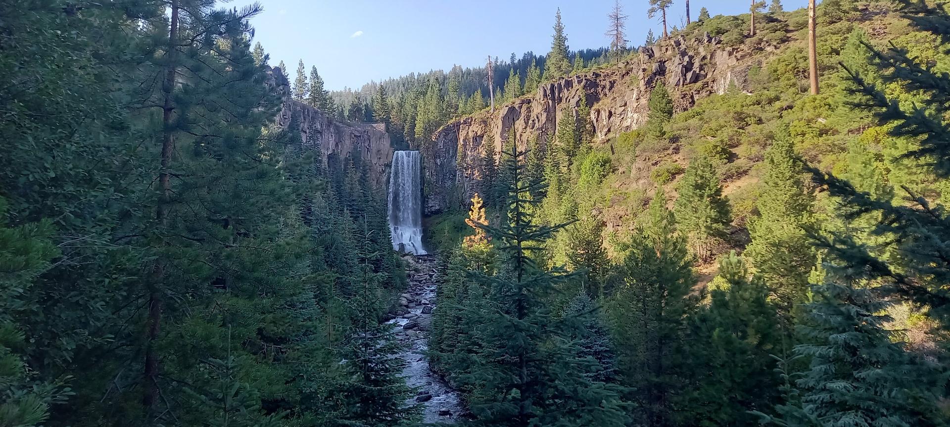 Tall waterfall cascading into a river within a sunny, forested canyon.
