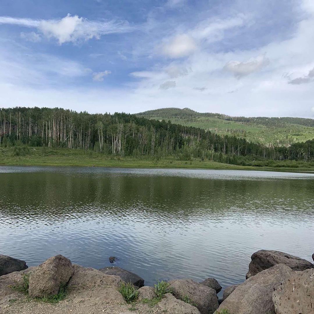 Calm lake reflecting forested hills under a partly cloudy sky, with foreground rocks.