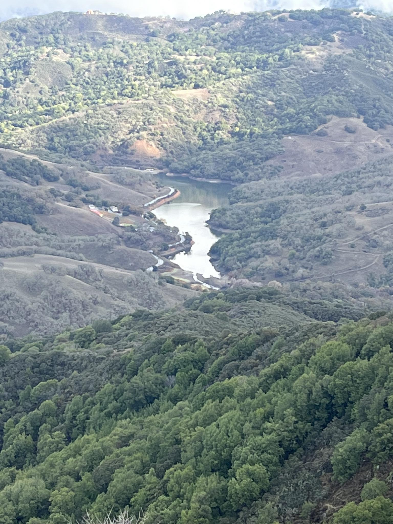 Aerial view of a winding river through forested hills under overcast sky.