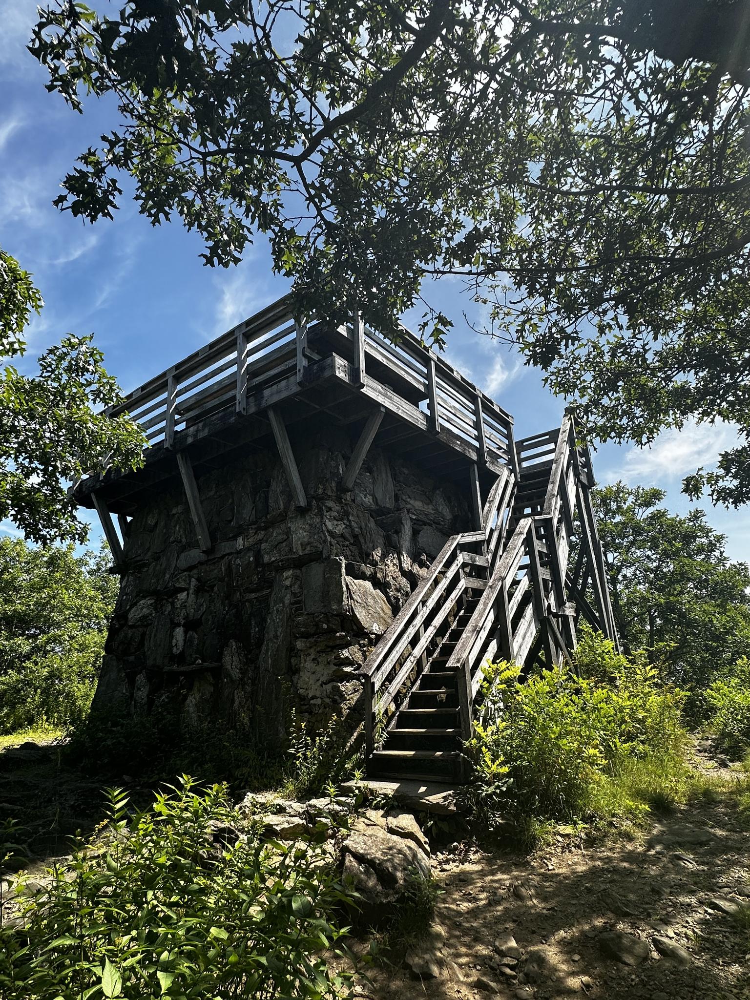 Stone and wood observation tower with stairs, surrounded by green trees.