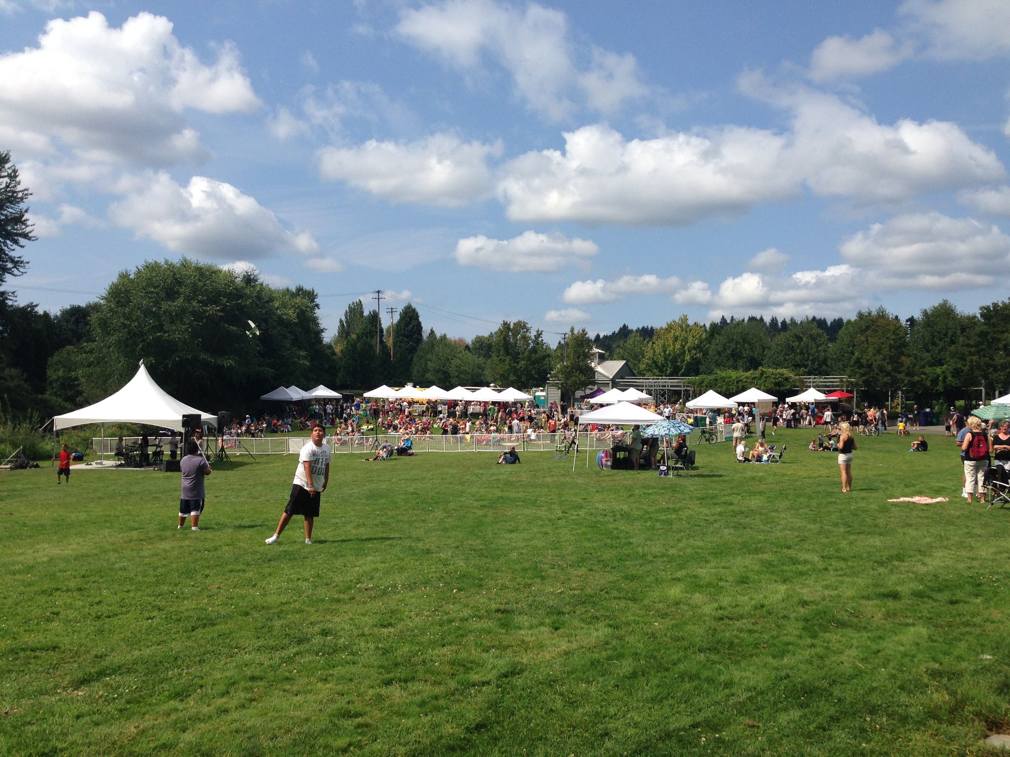 Sunny outdoor event with many people, white tents, and green grass. - Sammamish River Trail