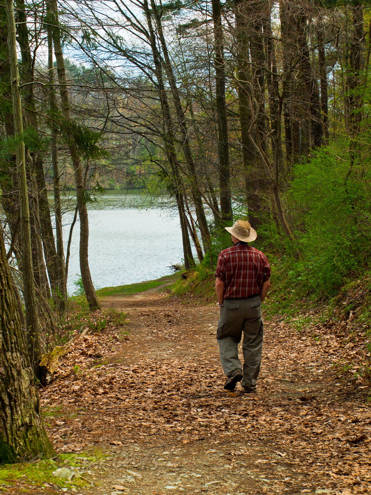A person in a hat walks on a leafy forest path beside a lake.