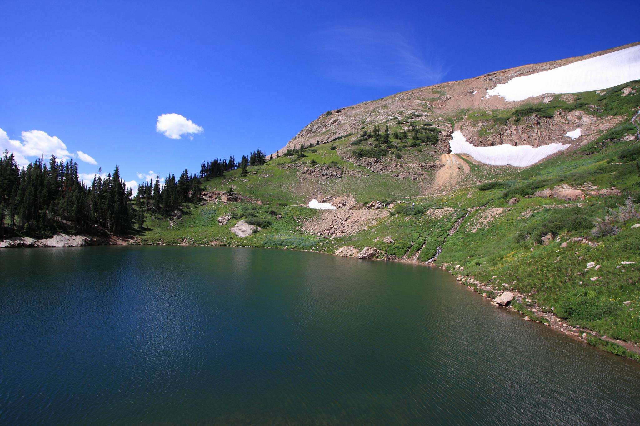 Clear mountain lake, green slopes, snow patches, and evergreen trees under blue sky.
