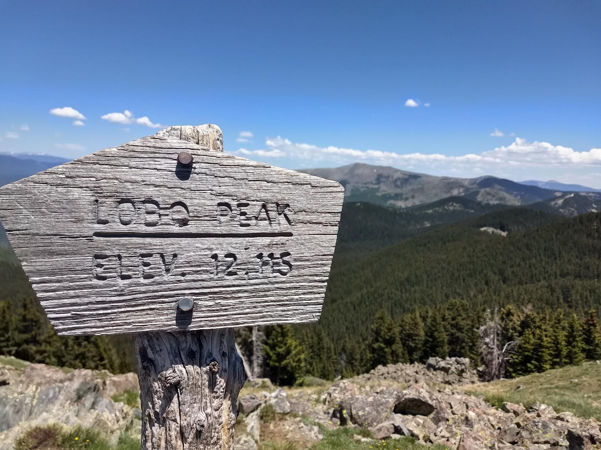 Weathered wooden sign on a mountain peak with forests under a bright blue sky.