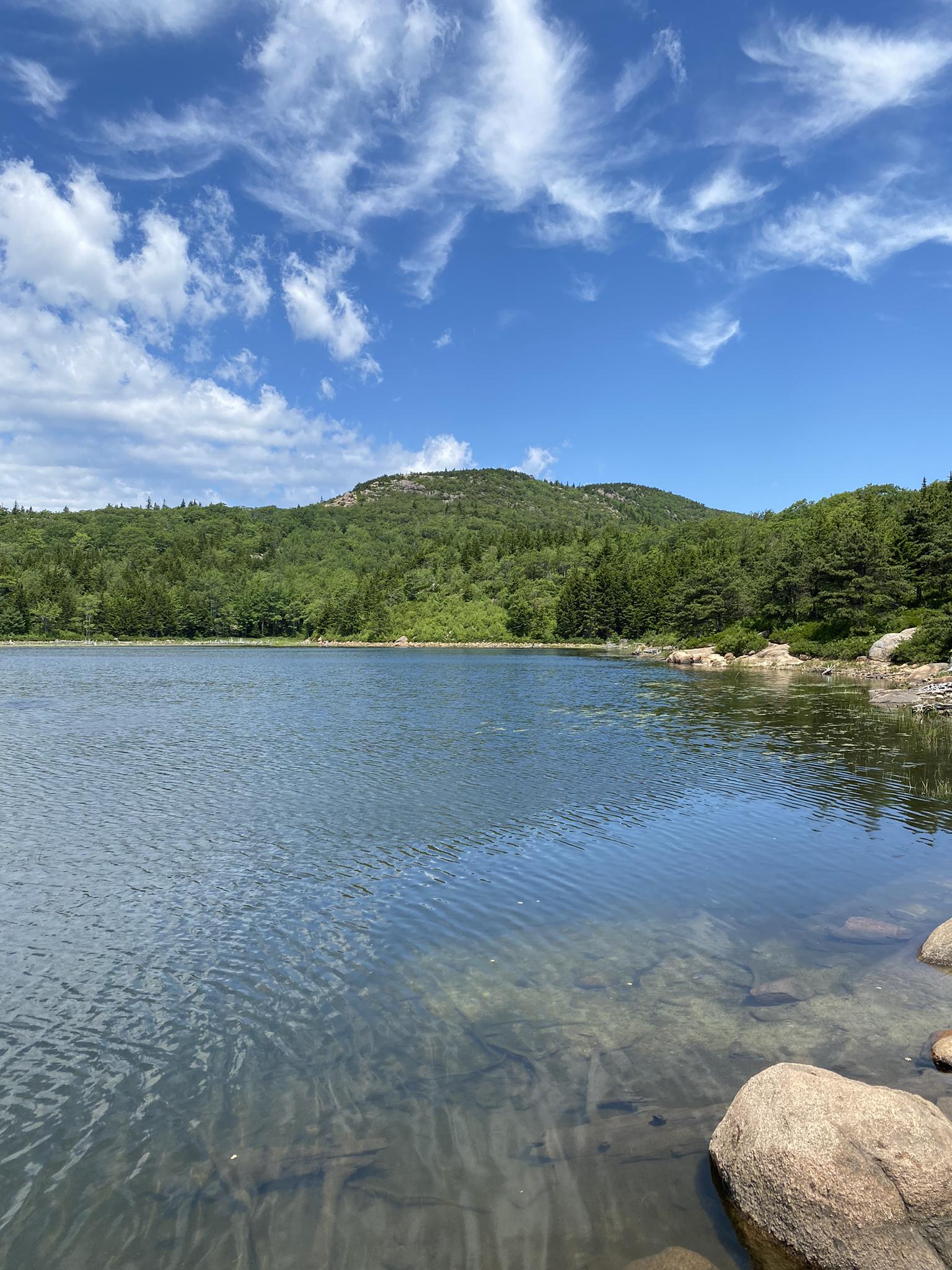 Calm lake with forested hills under a bright blue sky with clouds.
