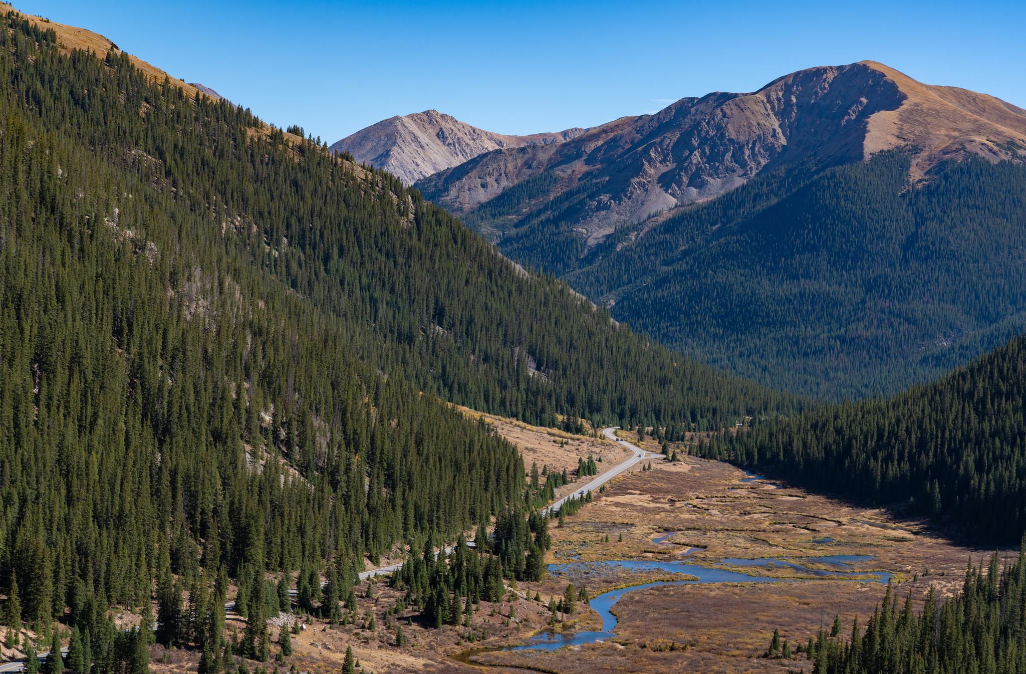 A mountain valley with a winding river, road, and dense evergreen forests.