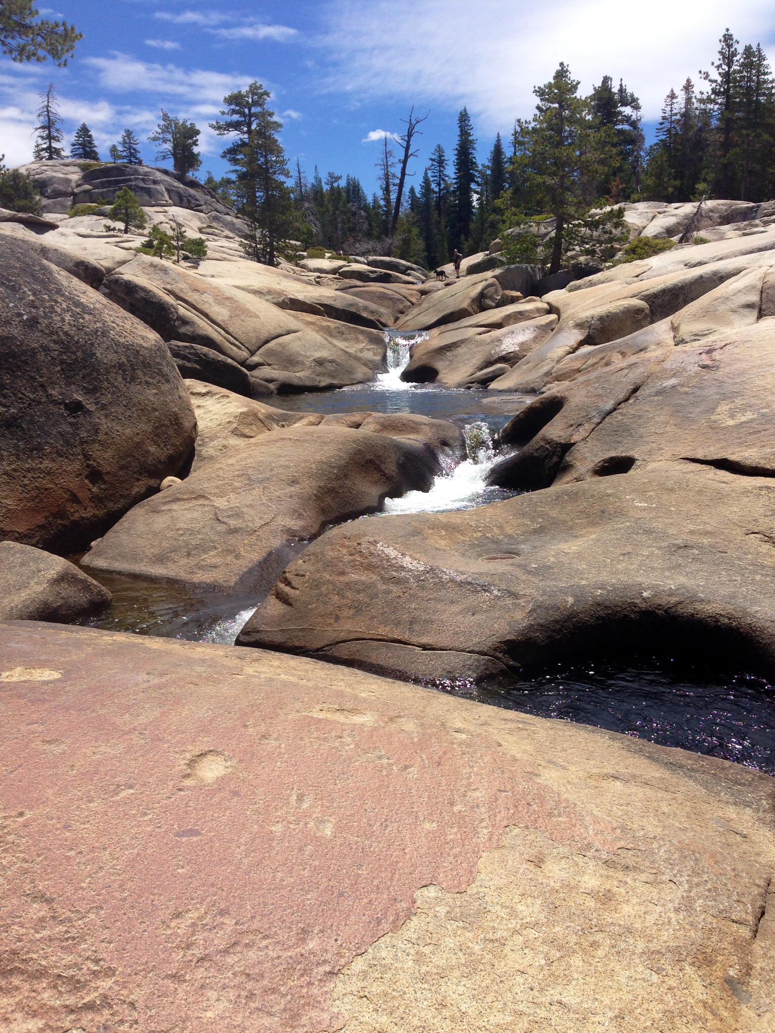 A stream cascades over smooth, light-colored rocks in a sunny landscape.