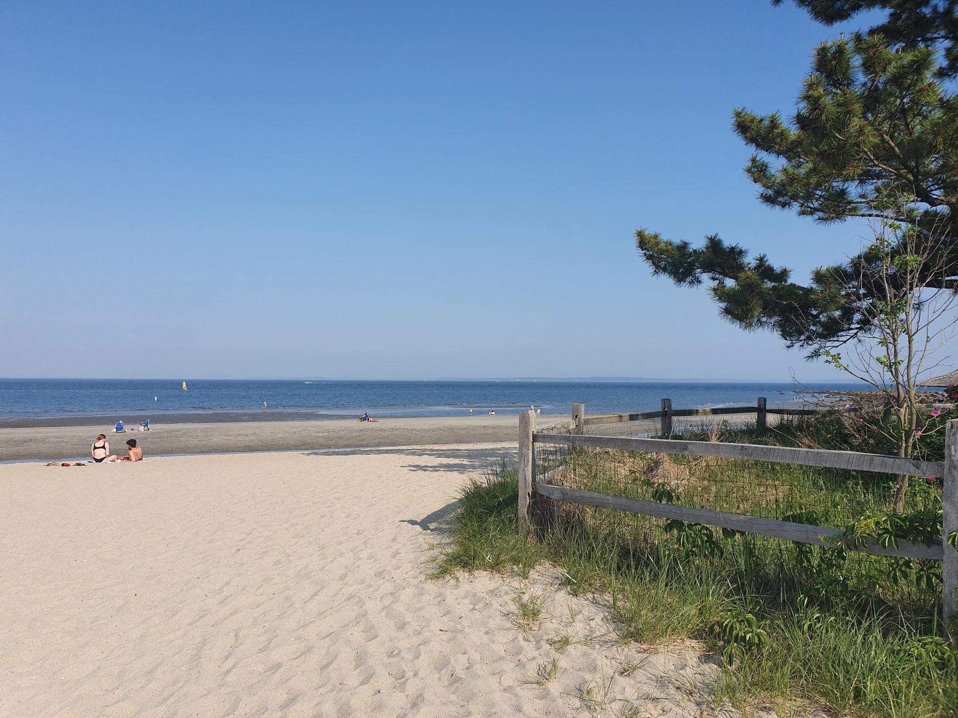 Sunny beach with distant ocean, a wooden fence, and people relaxing.