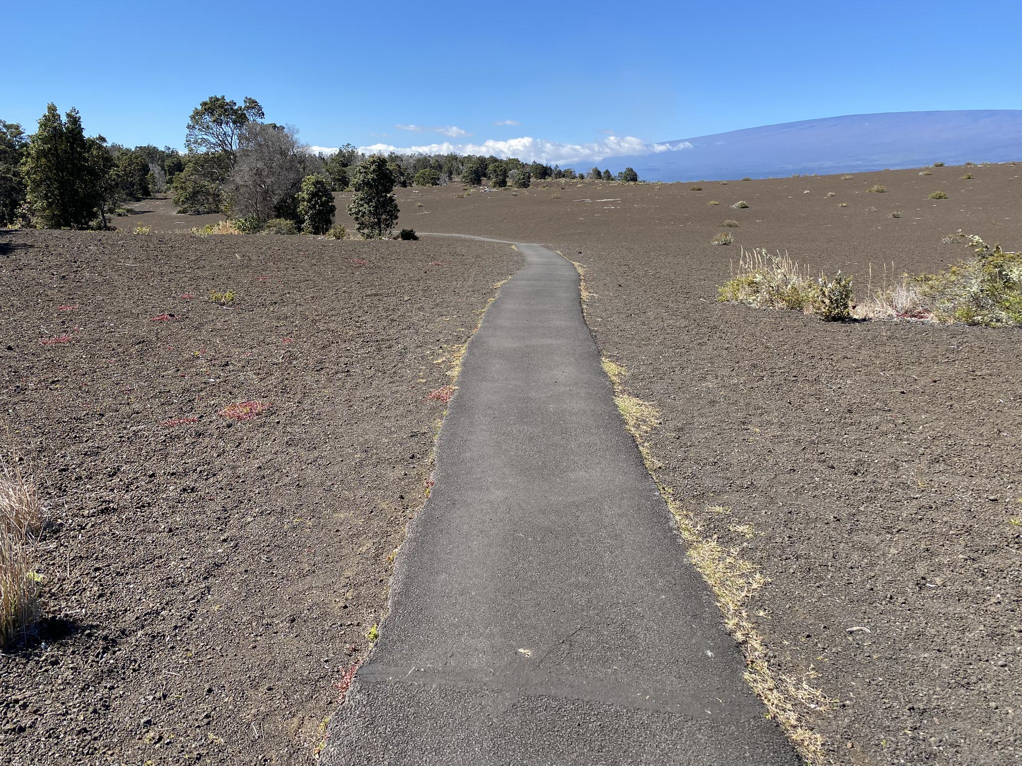 A paved path stretches through a dark, barren landscape under a clear blue sky.