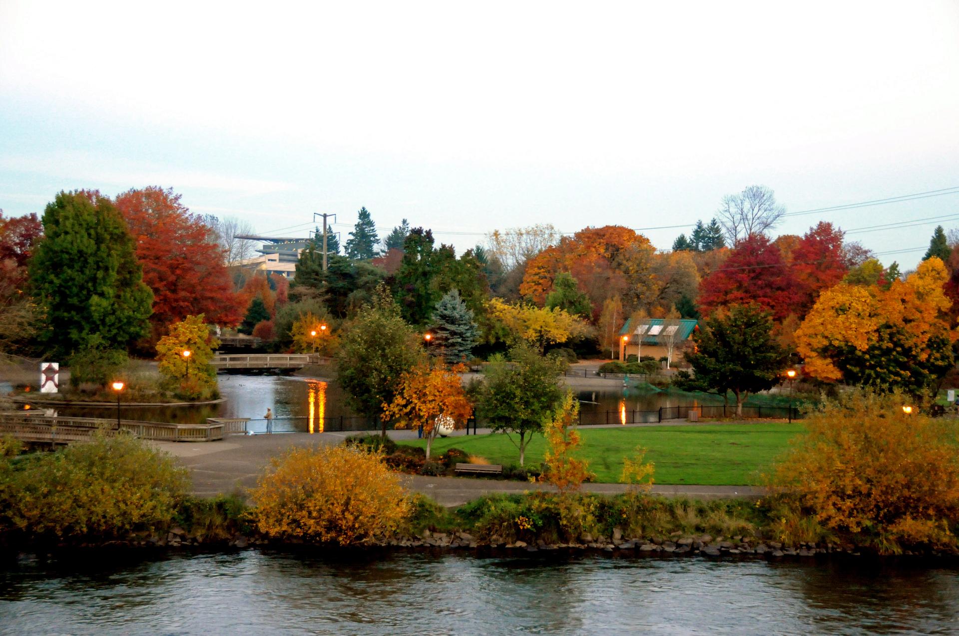 A park with colorful autumn trees and lights, bordering a river at dusk.