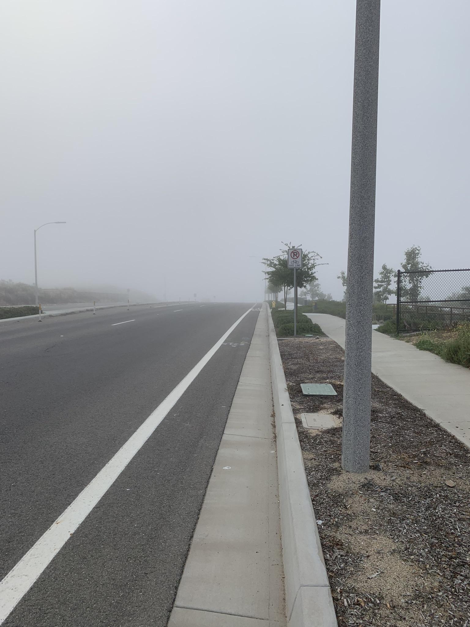 An empty road and sidewalk disappear into dense, white fog.