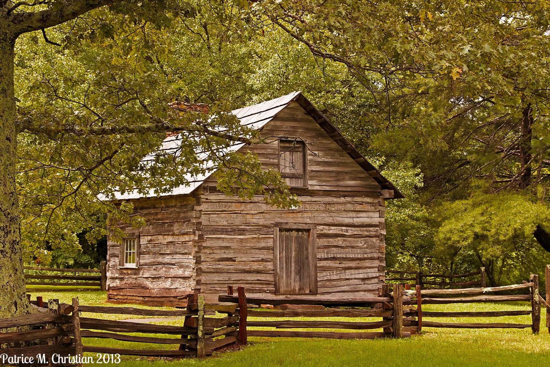 Rustic wooden cabin with a fence, surrounded by lush green trees.