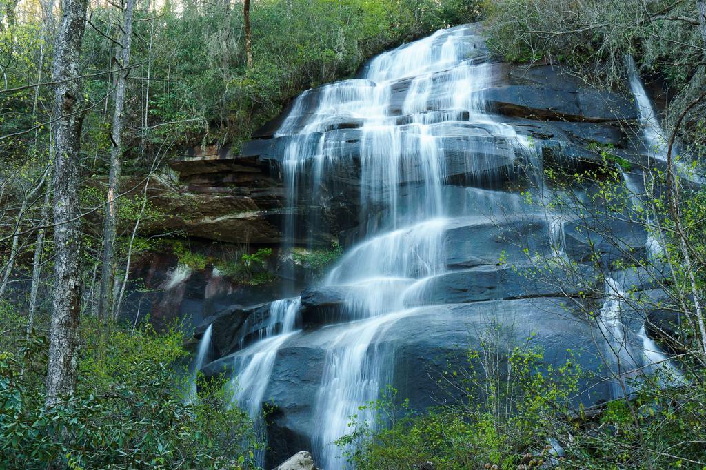 Multi-tiered waterfall flowing over dark rocks in a dense, green forest.