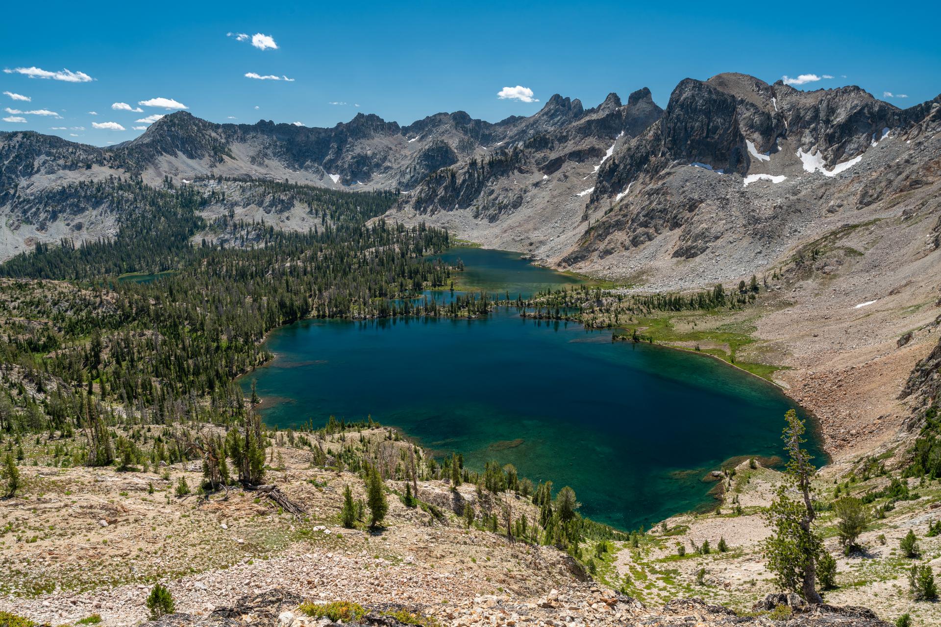 Vibrant blue mountain lake surrounded by rugged peaks and green pine trees.