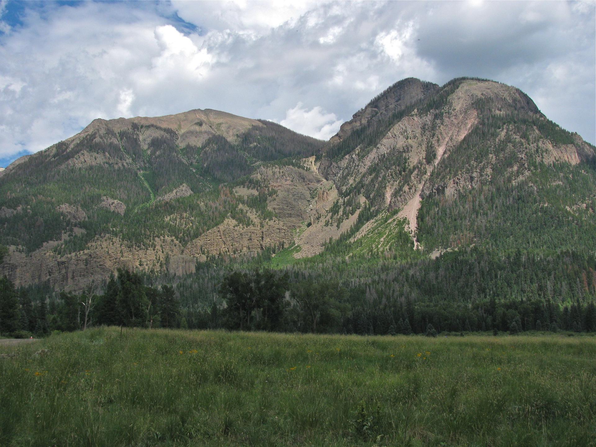 Grassy field leading to forested mountains under a partly cloudy sky.