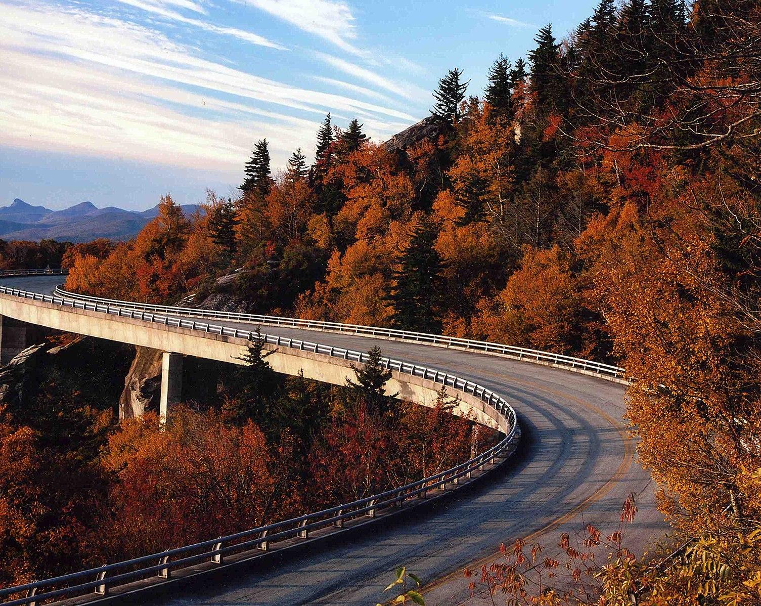 Curved concrete bridge through vibrant autumn trees under a bright sky.