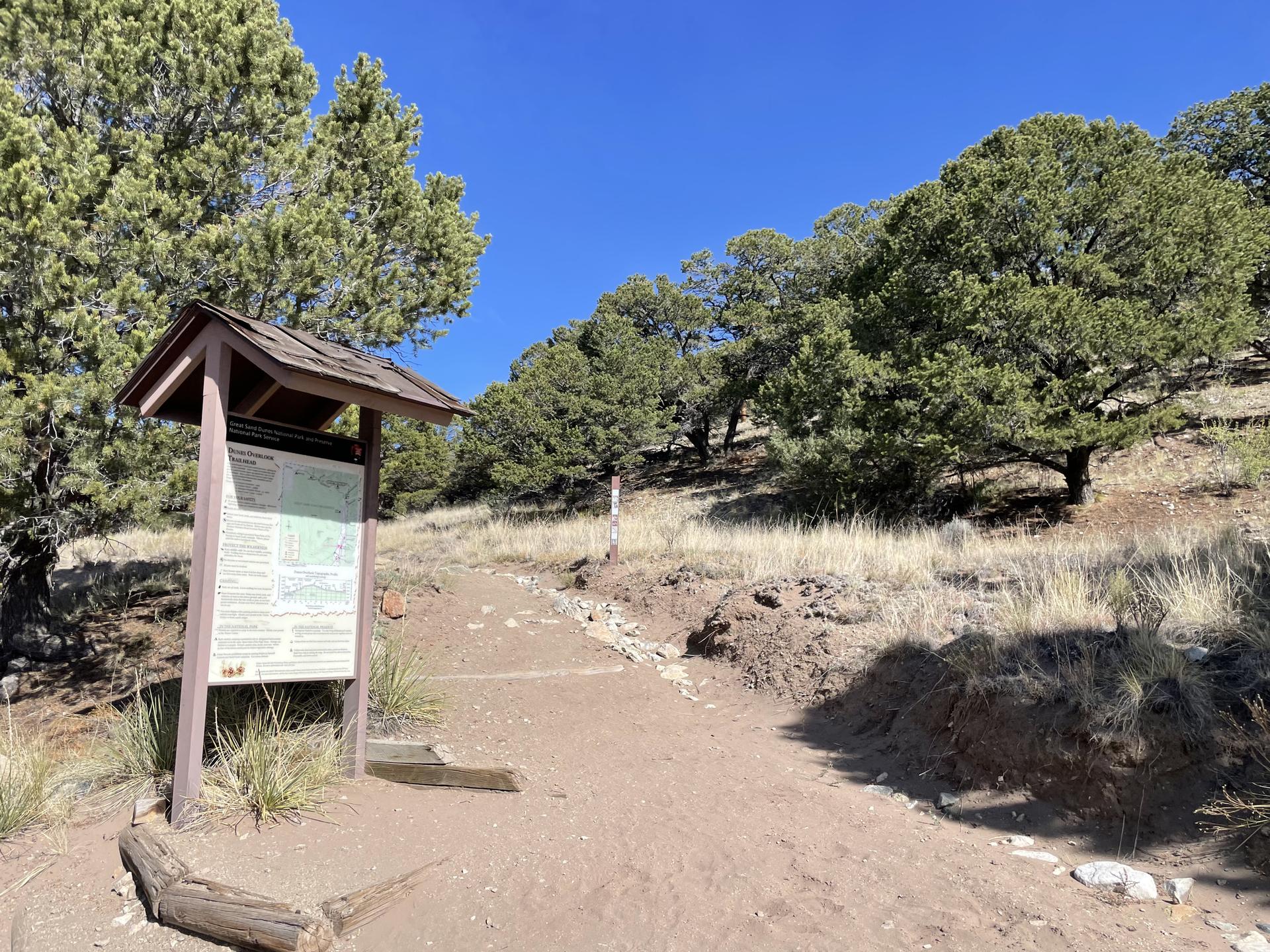 Information sign on a dirt path, surrounded by green trees under a clear sky.