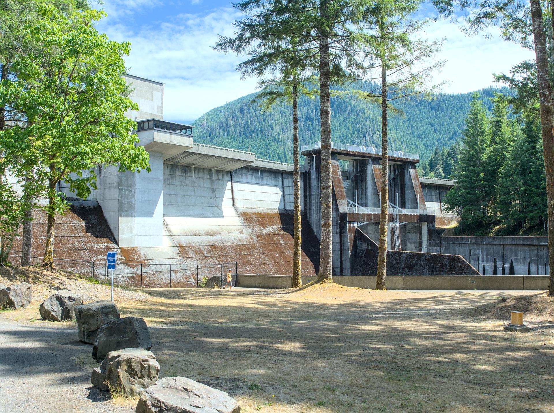 Large concrete dam structure with forested mountains and trees under bright sunlight.