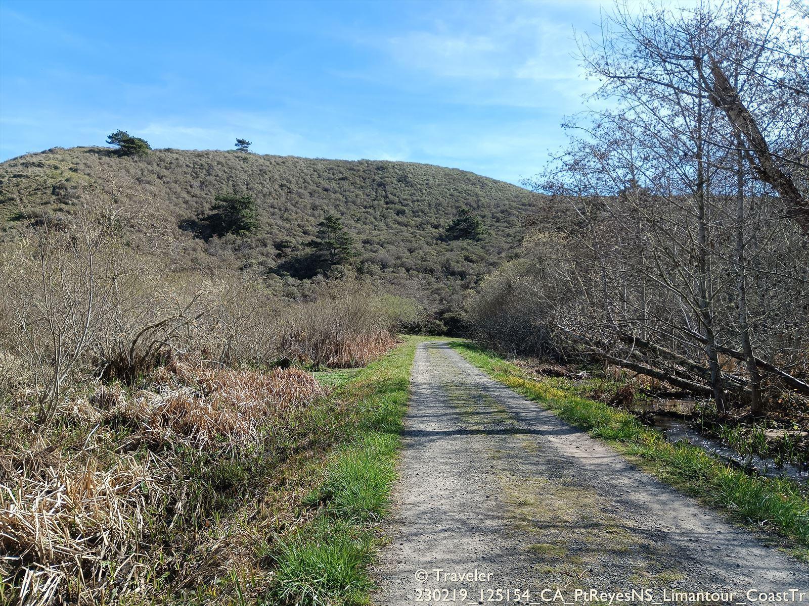 Dirt path through dry brush and green hills under a bright blue sky.