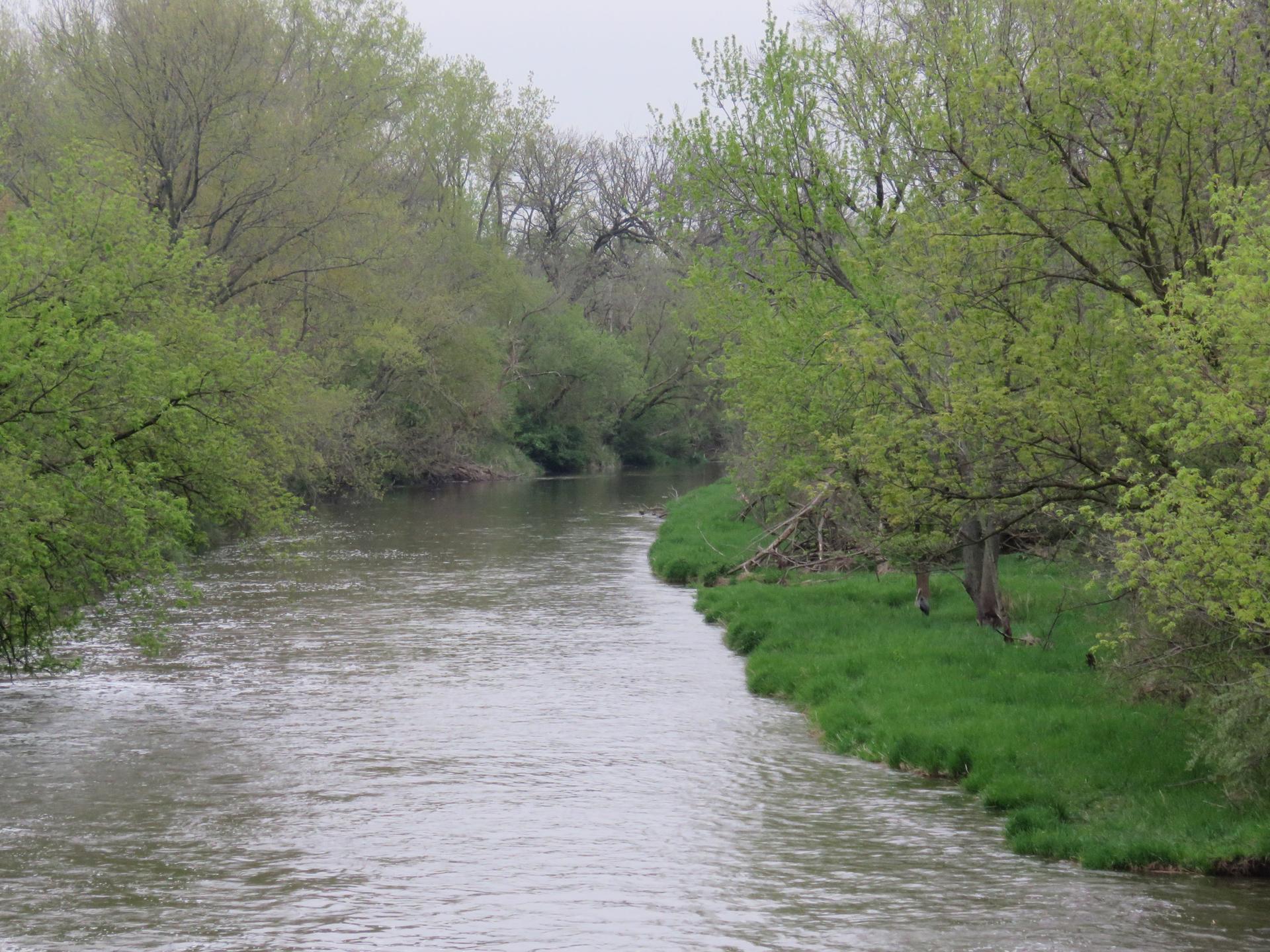 A calm river flows between lush green tree-lined banks under an overcast sky.