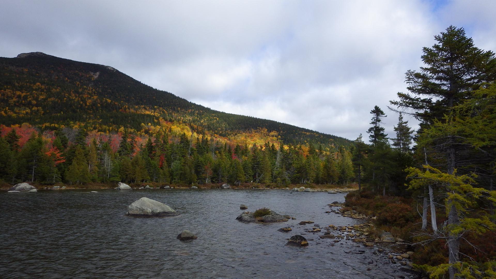 Dark lake with a mountain and vibrant autumn trees under a cloudy sky.