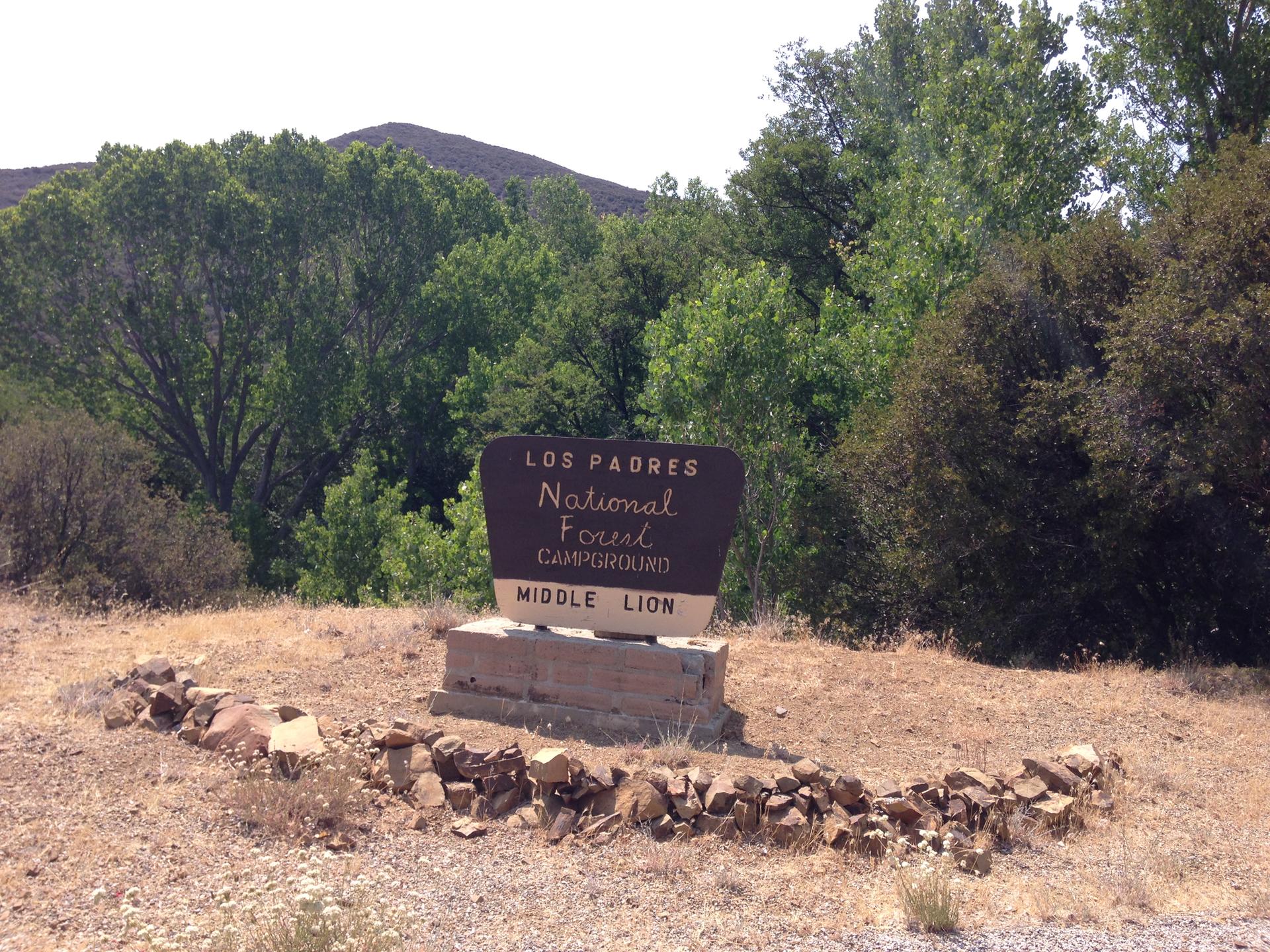 A brown sign on a stone base, surrounded by dry grass and green trees.
