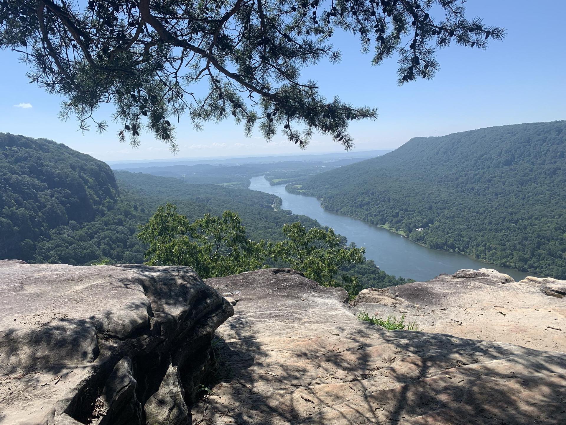 Sunny view of a river curving through a forested valley from a rocky cliff.