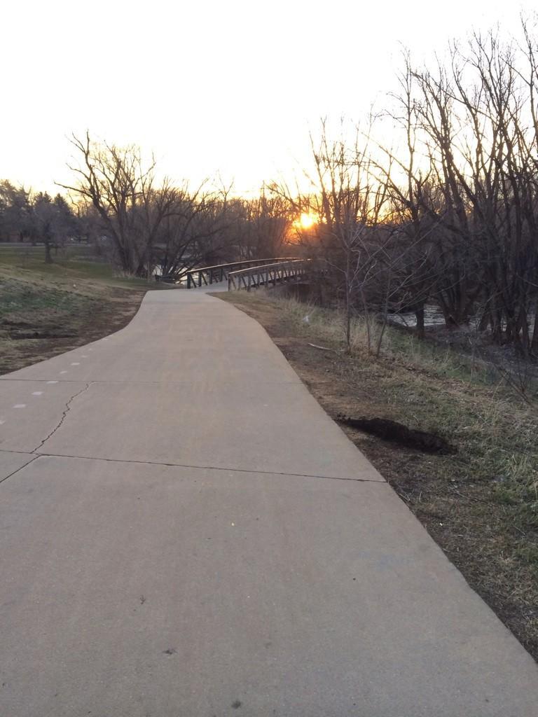 A concrete path leads to a bridge with a bright sunset through bare trees.