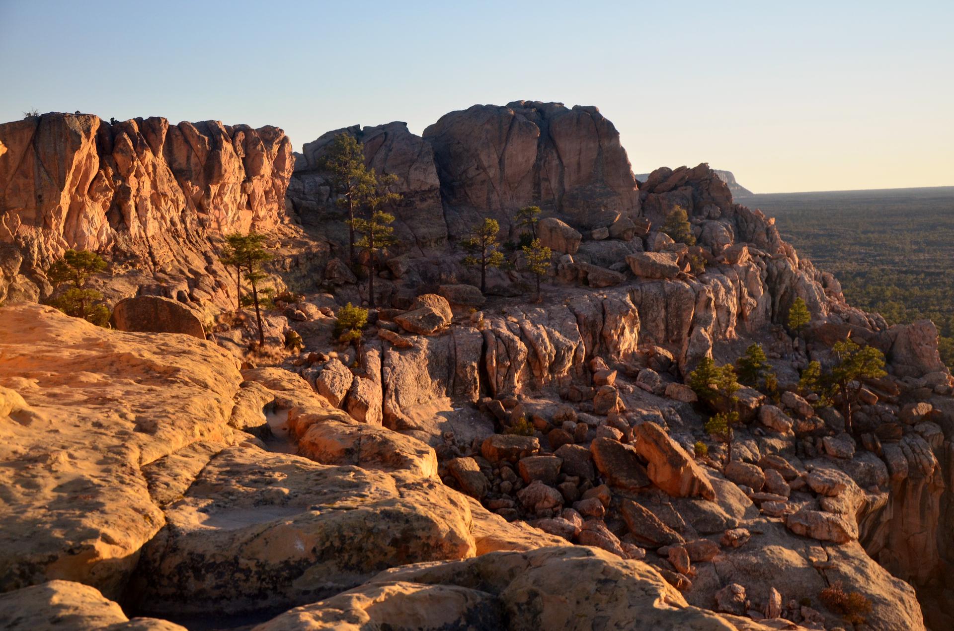 Golden hour light illuminates rugged rock formations and sparse trees on a cliff.