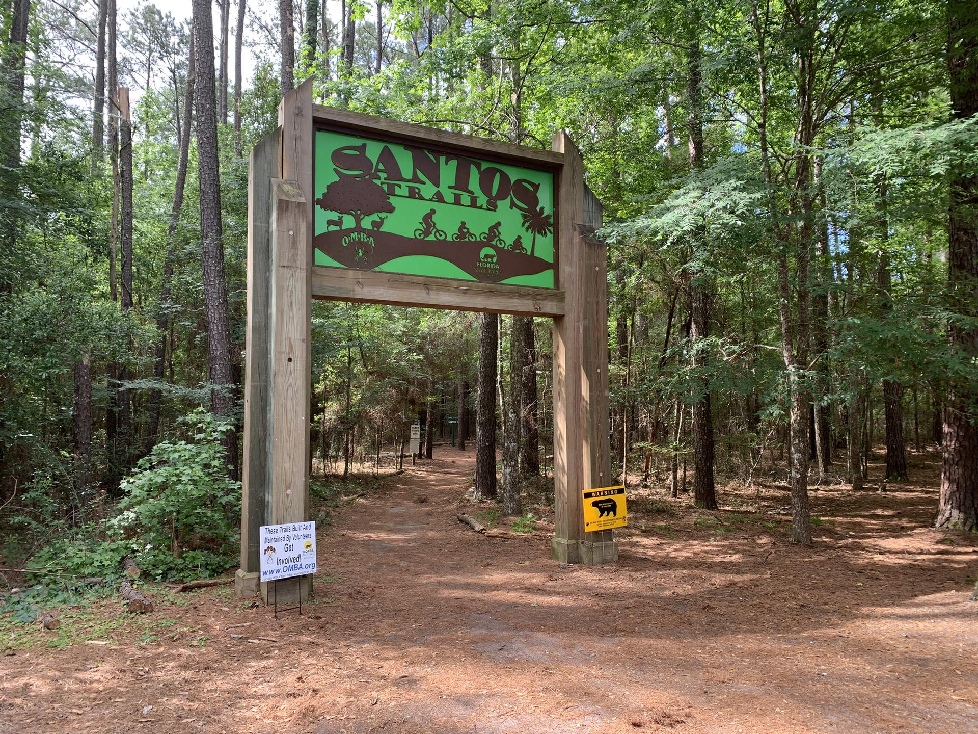 A large wooden archway sign with green graphics marking a forest trail entrance.