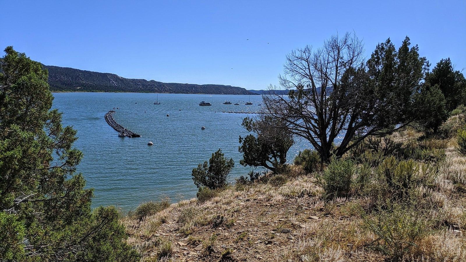 Sunny day over a large lake with a floating barrier, dry hills, and sparse trees.