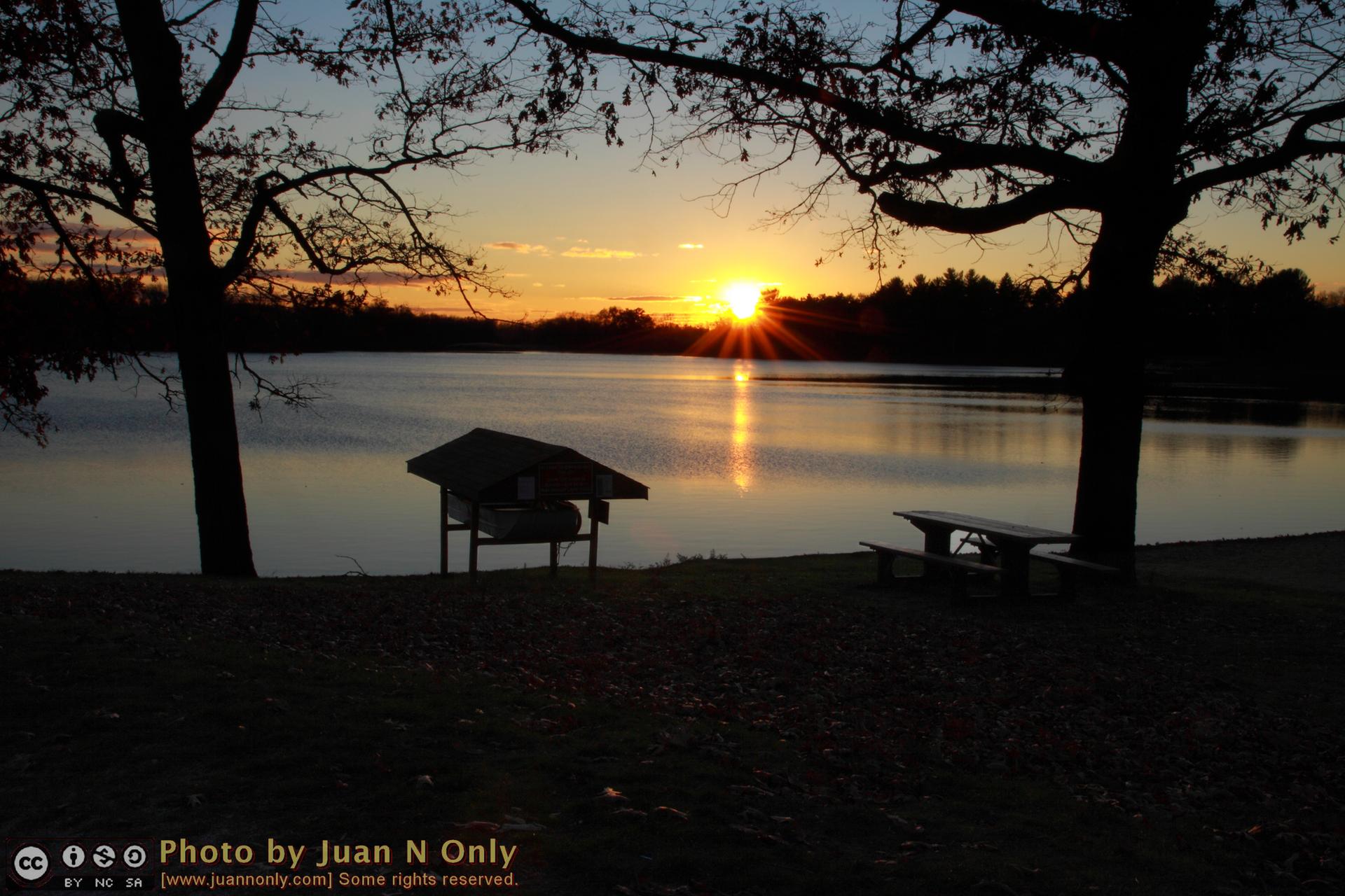 Sunset over a tranquil lake, silhouetting trees, a shelter, and picnic table.