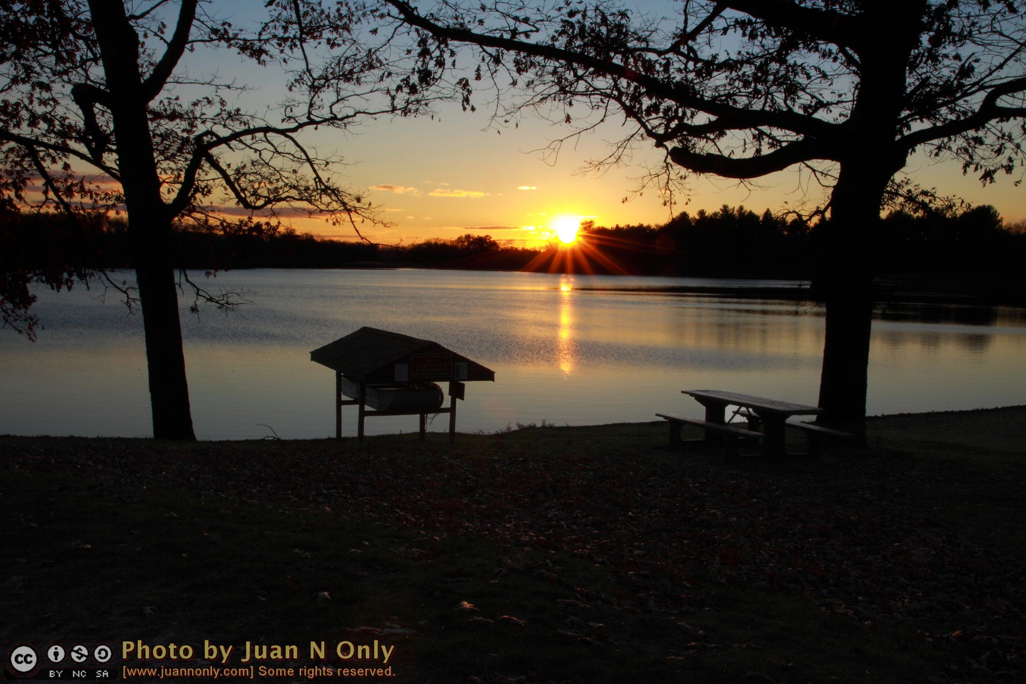 Sunset over a tranquil lake, silhouetting trees, a shelter, and picnic table. - Running loop from Brighton State Recreation Area