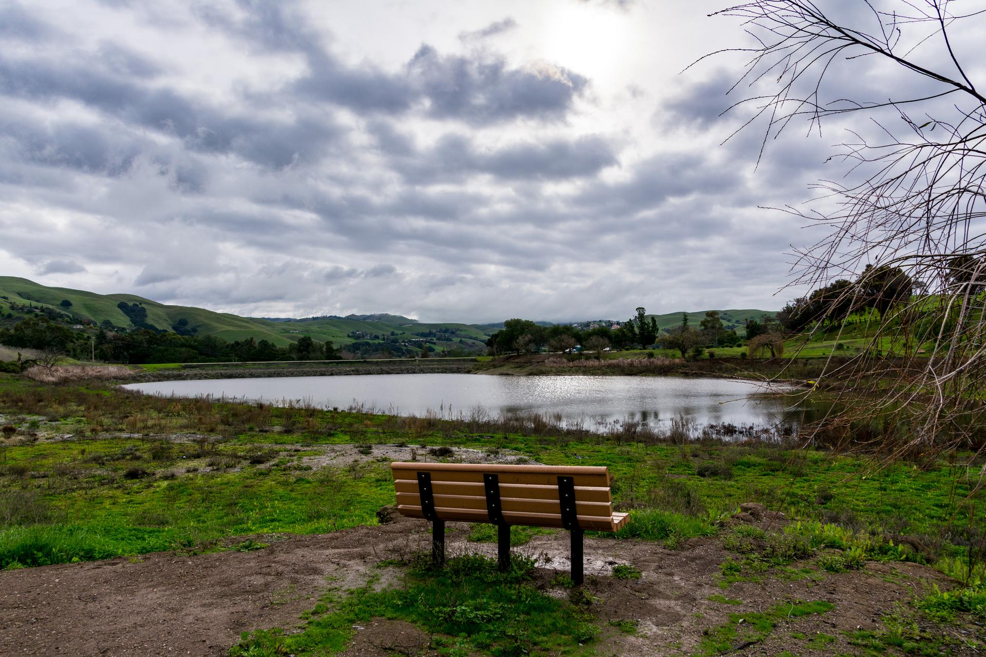 Wooden bench facing a calm lake under a cloudy, overcast sky.