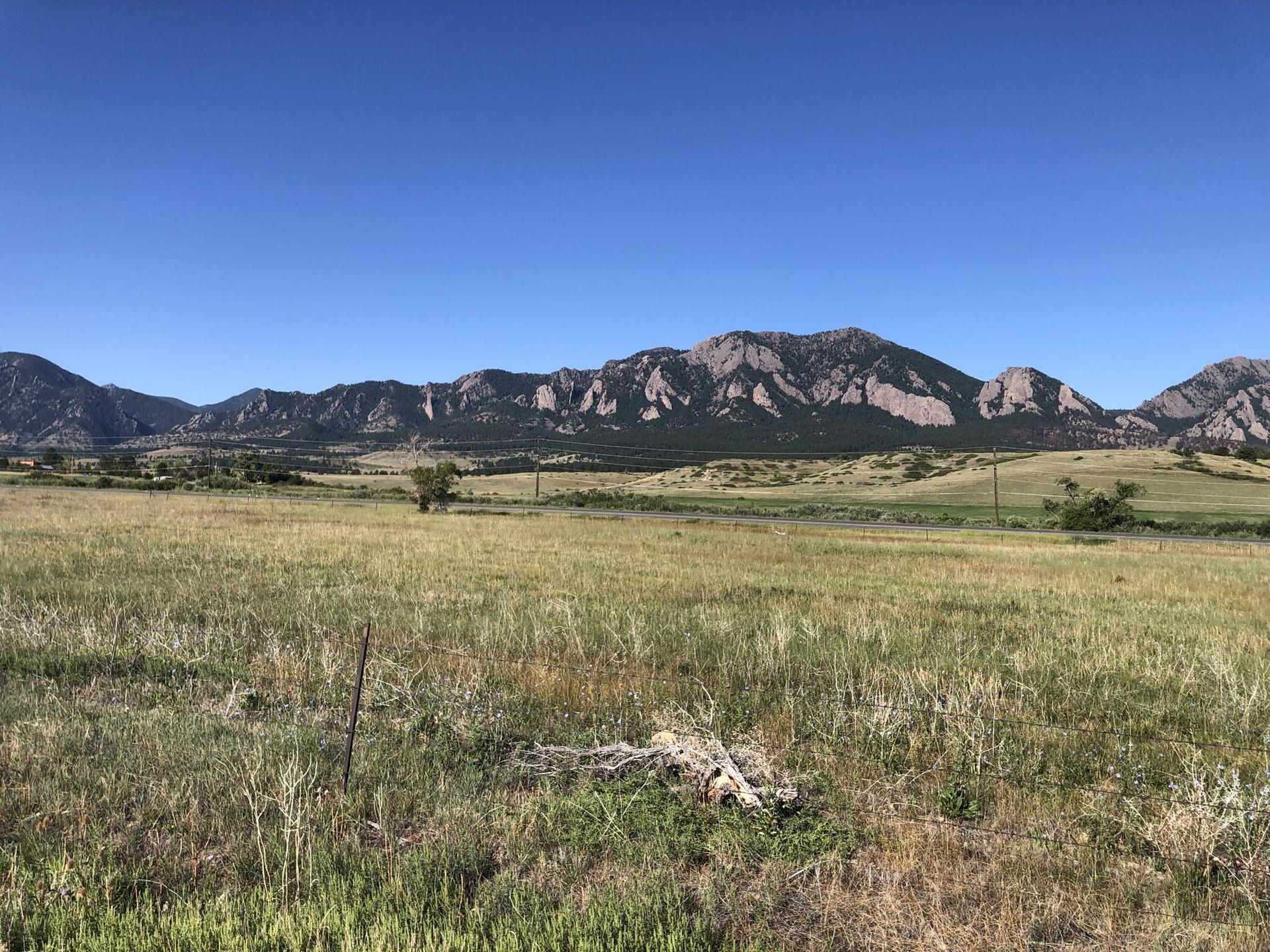 Vast green and brown field with distant rugged mountains under blue sky.