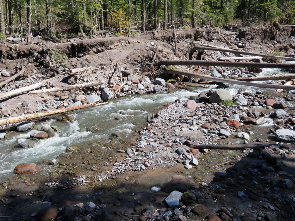 Rocky riverbed with flowing water, surrounded by fallen logs and eroded banks.